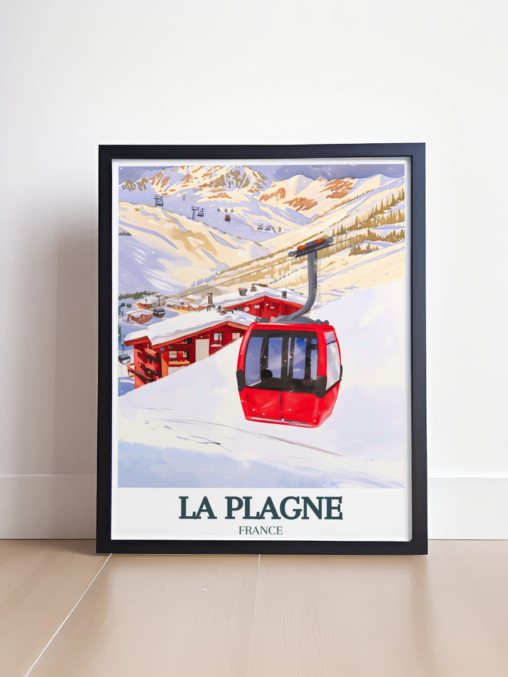 La Plagne Travel Poster featuring Vanoise Express Montchavin Les Coches brings the beauty of the French Alps into your home. This modern print is ideal for those who love skiing and alpine scenery making it a perfect addition to any room.