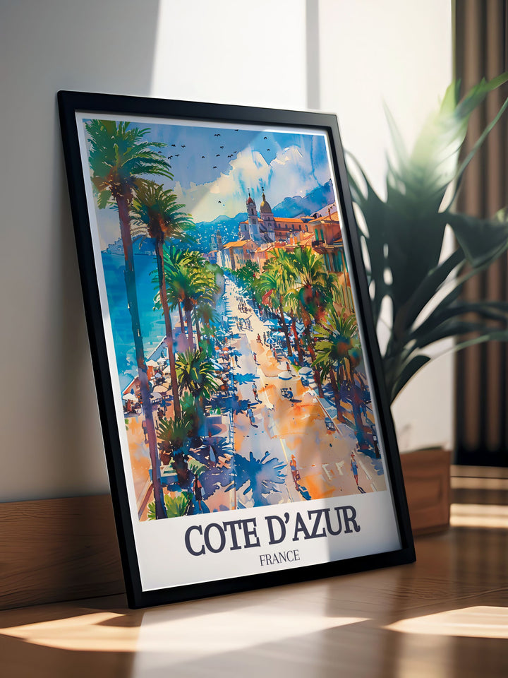 Explore the charm of Nice with a detailed art print of the Promenade des Anglais, showcasing its stunning views of the Mediterranean Sea and elegant palm lined paths.