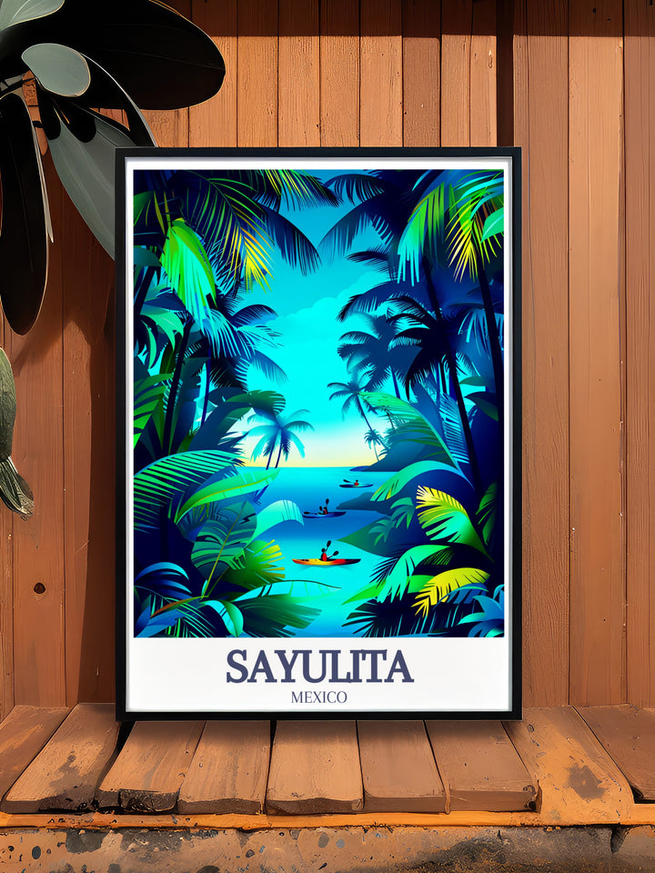 A travel print that captures the essence of Sayulita, featuring both Sayulita Beach and Los Muertos Beach. Perfect for adding a touch of Mexicos charm to any room, this artwork makes a great gift for beach lovers.