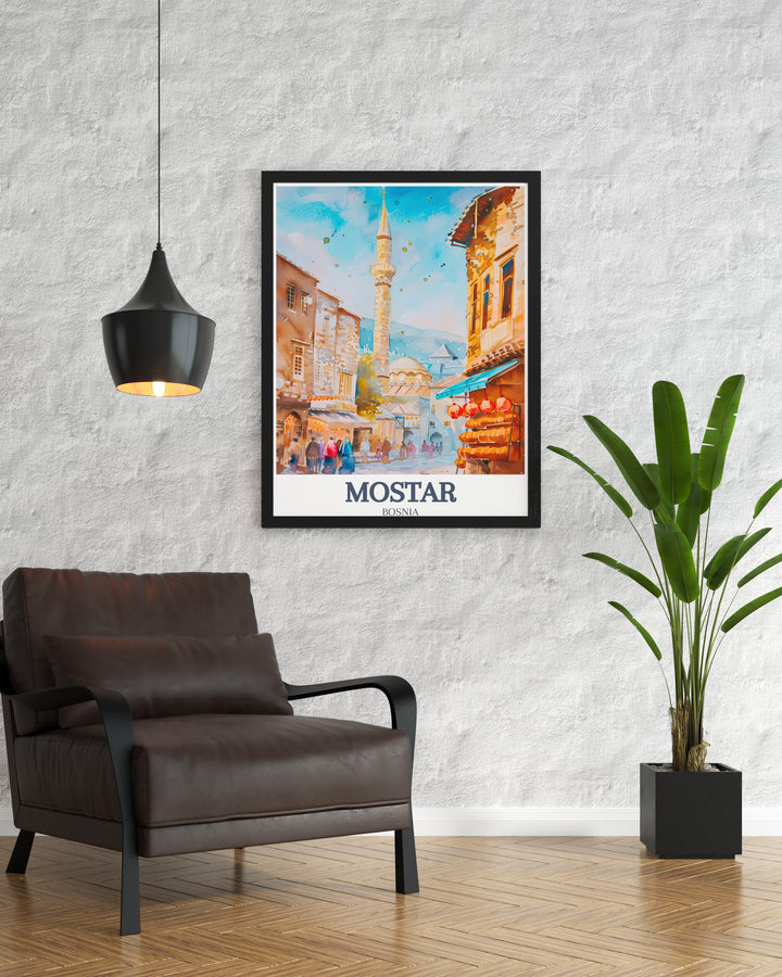 Old Bridge Bosnia art featuring Koski Mehmed Pasha Mosque and Old Town Bazaar ideal for Southern Bosnia themed home decor