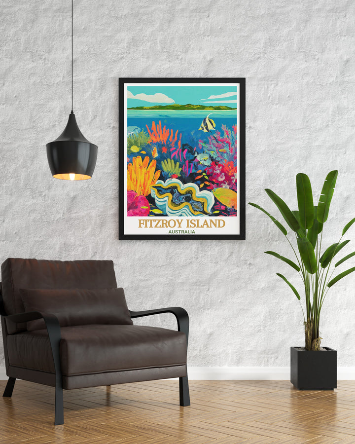 Giant Clam Gardens canvas art brings the wonder of Australias Great Barrier Reef to your home, with vibrant colors showcasing the incredible size and beauty of the clams. This travel print is ideal for anyone who appreciates the marvels of the underwater world.