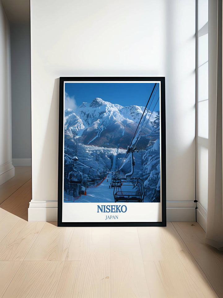 Snowboarding Poster highlighting Niseko Annupuri International Ski Area and Mount Yotei in a vintage travel print style capturing the excitement of winter sports perfect for any room decor