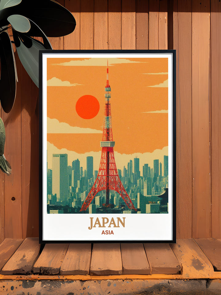 This Tokyo Tower travel poster offers a striking view of the iconic landmark at night, surrounded by the bustling city. The vibrant lights and bold colors make it an eye catching piece for any room, adding a touch of Japanese flair to your decor. A must have for Japan fans.