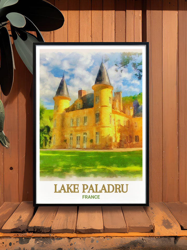 A captivating art print of Lake Paladru, showcasing its serene blue waters and lush natural surroundings. The print captures the lakes tranquil ambiance, perfect for bringing a touch of natures beauty into your home.