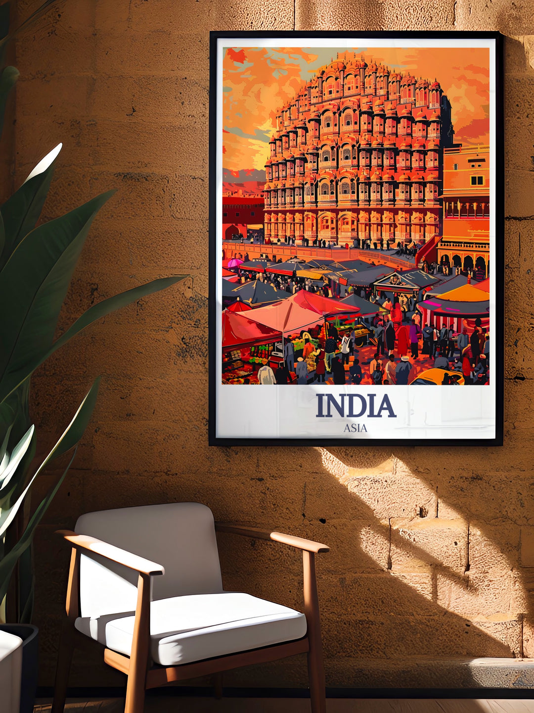 A vibrant Taj Mahal travel poster paired with the intricate Hawa Mahal. This retro style print is an elegant way to decorate your home with Indian heritage, perfect as a gift or a personal reminder of travels.