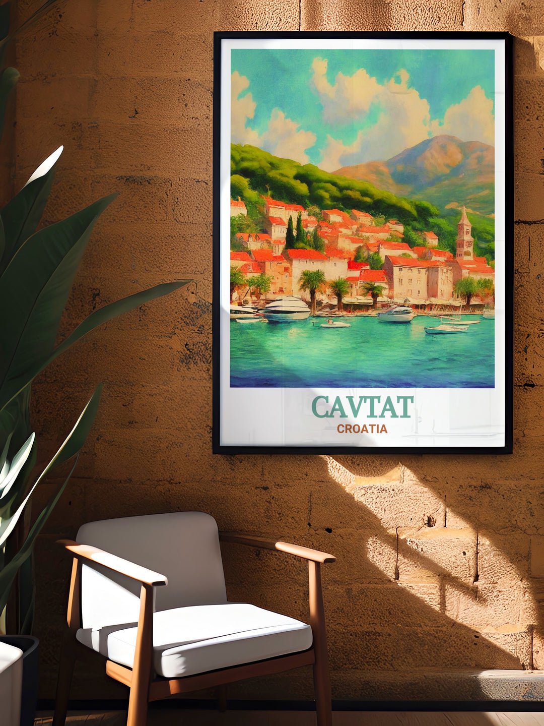 This framed art print of Cavtat, Croatia, highlights the charm and tranquility of its Old Town, perfect for those looking to capture the essence of Croatian coastal beauty in their home décor.