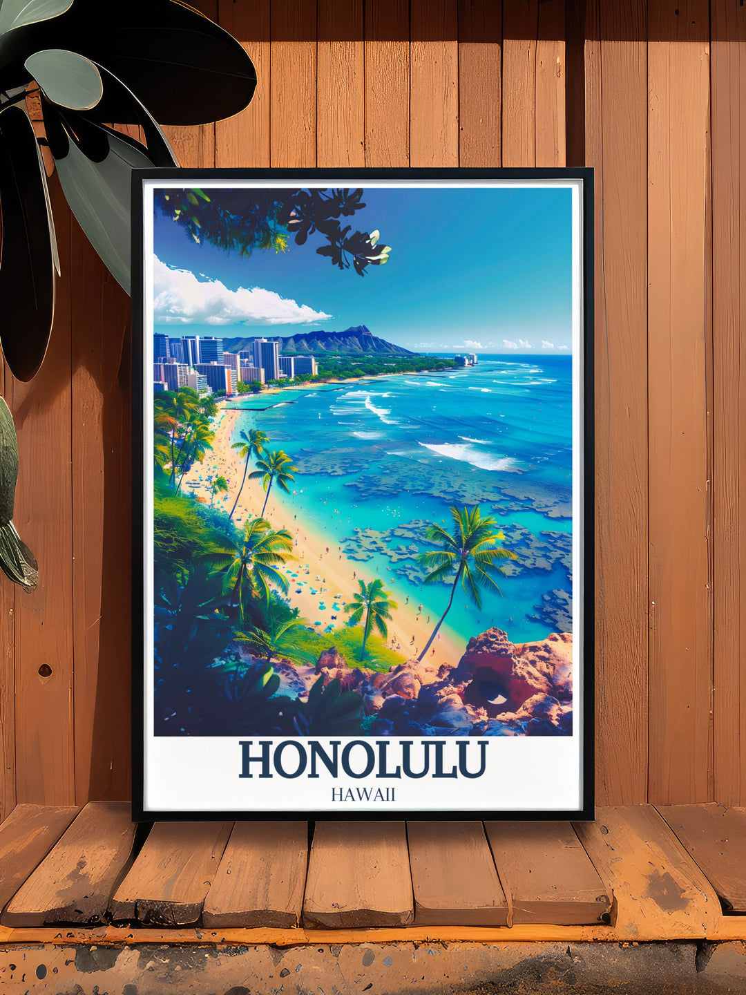 Travel poster featuring the lively Waikiki Beach in Honolulu, Hawaii, illustrating its vibrant atmosphere, palm trees, and beachfront activities. This detailed print is perfect for anyone who loves the energy and beauty of tropical destinations.