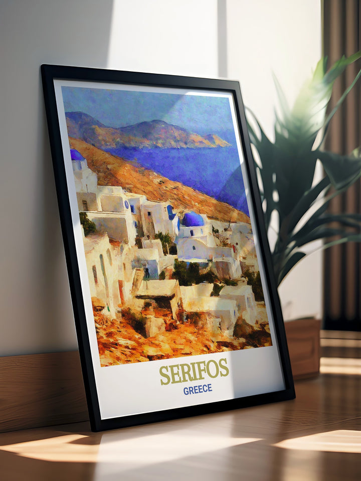 The breathtaking views of the Aegean Sea from Chora, Serifos, are beautifully rendered in this Greece Travel Print. The artwork reflects the timeless beauty of the Greek islands, making it a must have for any Greece lover.