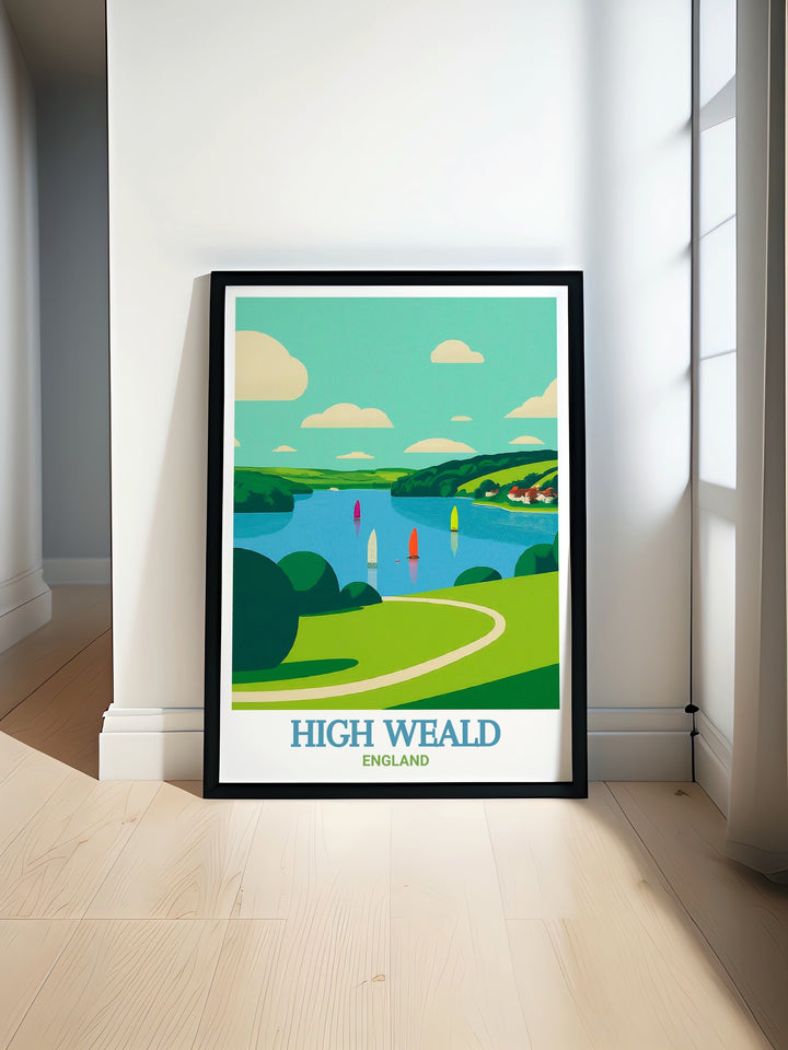 High Weald AONB digital print showcasing the beauty of the British countryside with a scenic view of Bewl Water and picturesque oast houses perfect for enhancing your living room decor or as part of a vintage travel print collection.