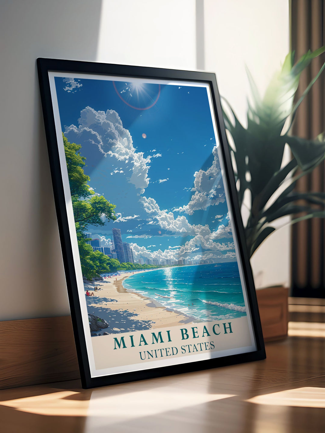 Elegant Miami beach Modern Prints capturing the unique skyline and beachfront of Miami Beach perfect for enhancing your Florida Decor with high quality materials ensuring longevity and vibrancy.