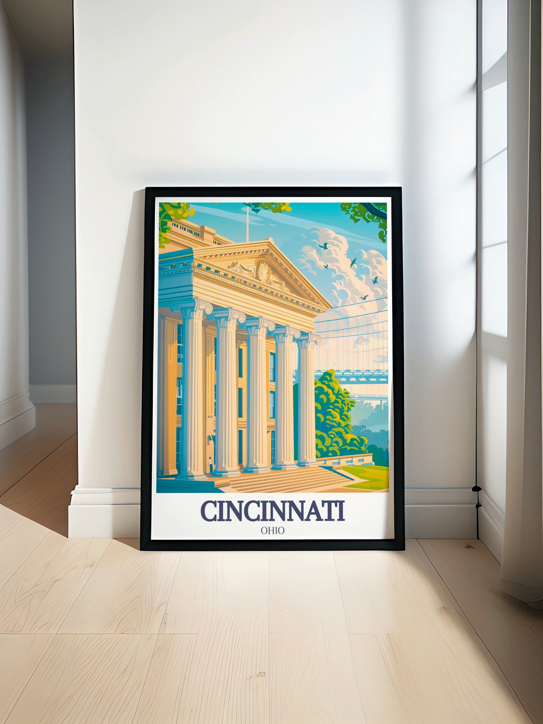 Cincinnati Art Museum Roebling Suspension Bridge travel poster print featuring a vibrant city color palette showcasing the iconic landmarks of Cincinnati perfect for enhancing any home decor with timeless artwork and stunning visuals