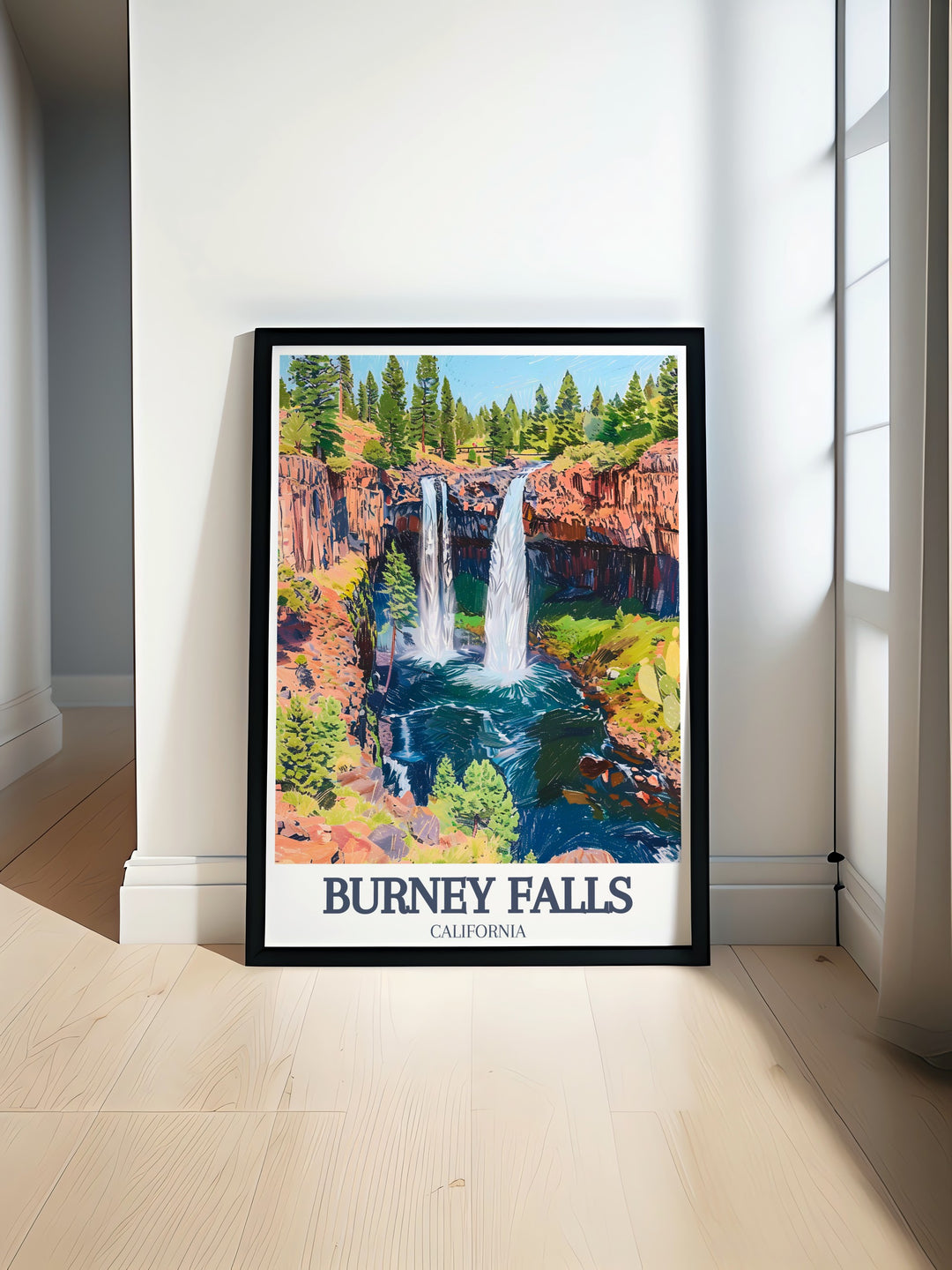 Burney Falls Art Print from Pacific Crest Trail showcases the stunning waterfall set against the natural beauty of California making it a perfect addition to any home decor for those who love California travel and nature inspired artwork.