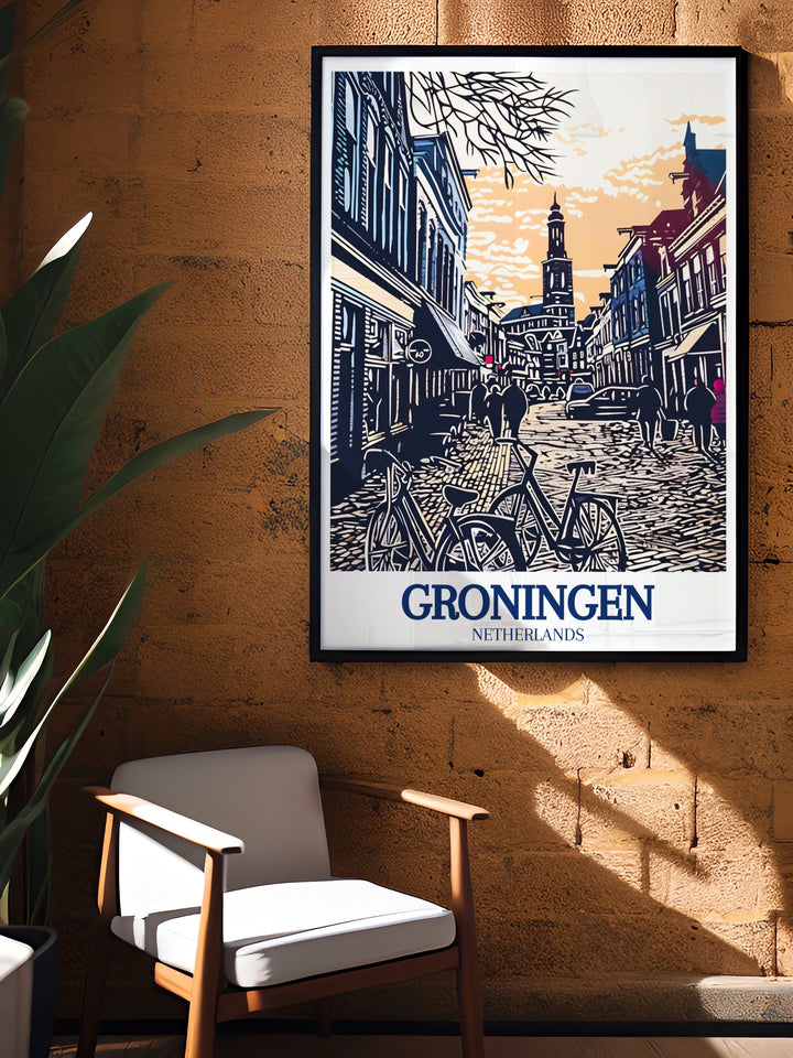 Netherlands travel poster highlighting the picturesque skyline of Groningen, with the Martini Tower standing tall as a testament to the citys rich history. This artwork beautifully captures the essence of Groningen, making it an ideal piece for those looking to celebrate European culture in their home decor.