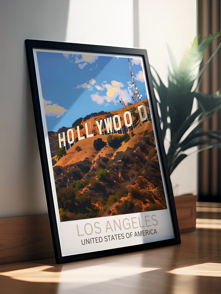 Hollywood Sign Modern Art piece offering a chic representation of the landmark. This Los Angeles Artwork adds a touch of elegance to your space and makes a perfect gift for birthdays or holidays.