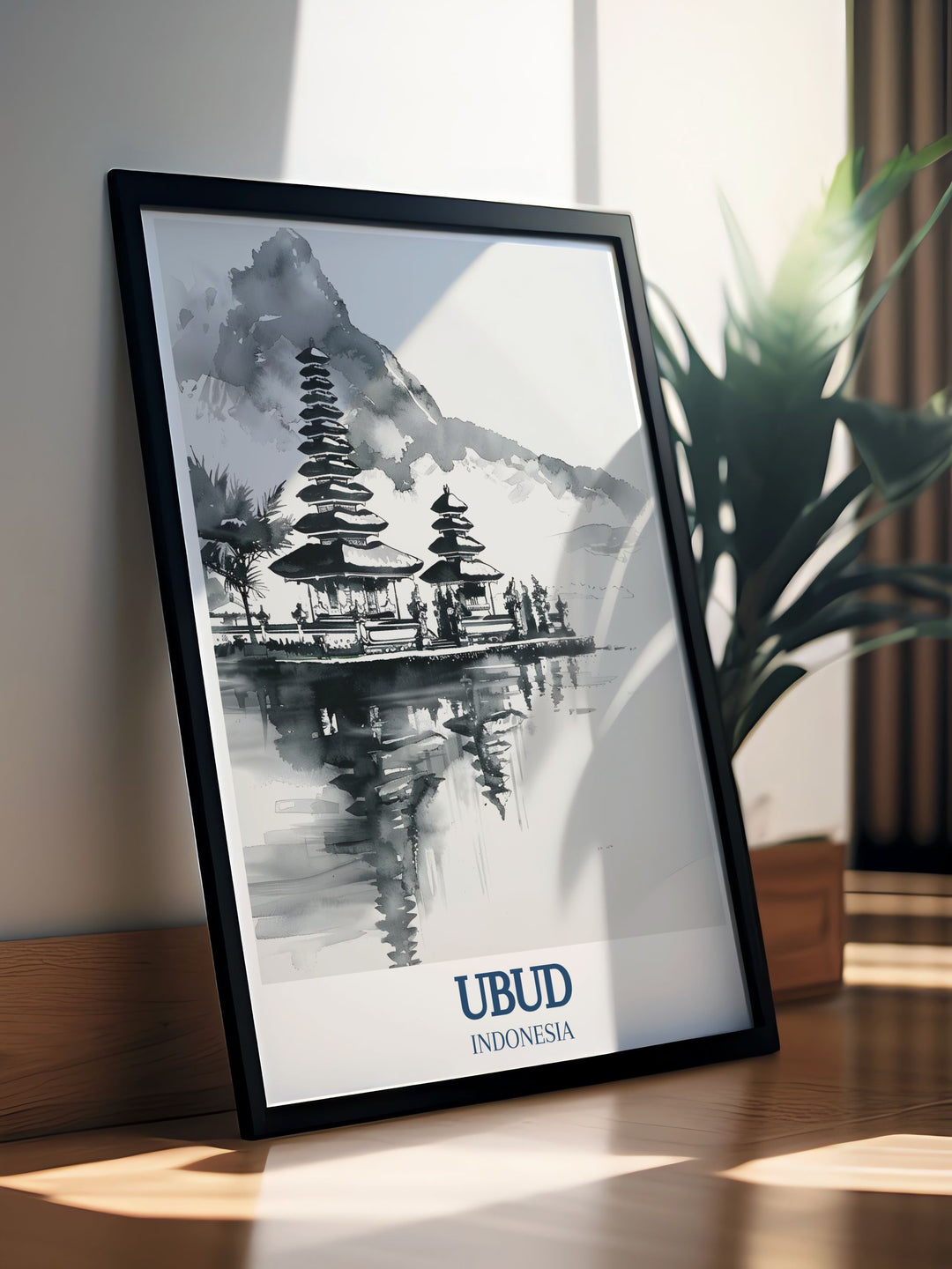 Featuring Pura Ulun Danu Bratan and Lake Bratan, this Ubud art print offers a stunning depiction of Balis natural beauty. A perfect gift for Bali lovers, this poster brings the islands spiritual and tranquil vibes into your home.