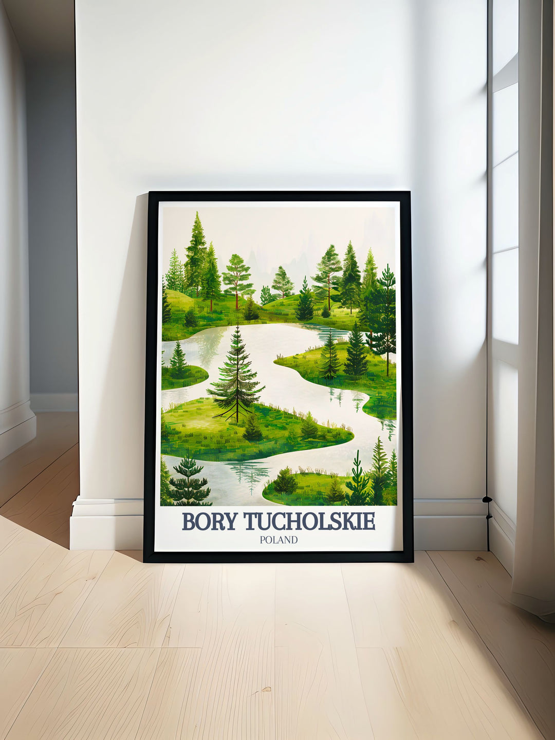 Poland wall art featuring Tuchola Forest National Park and Wdzydze Landscape Park captures the natural beauty of Polish landscapes. Bory Tucholskie travel posters bring a touch of serenity to your home decor with vibrant prints of Polands lush forests and peaceful lakes.