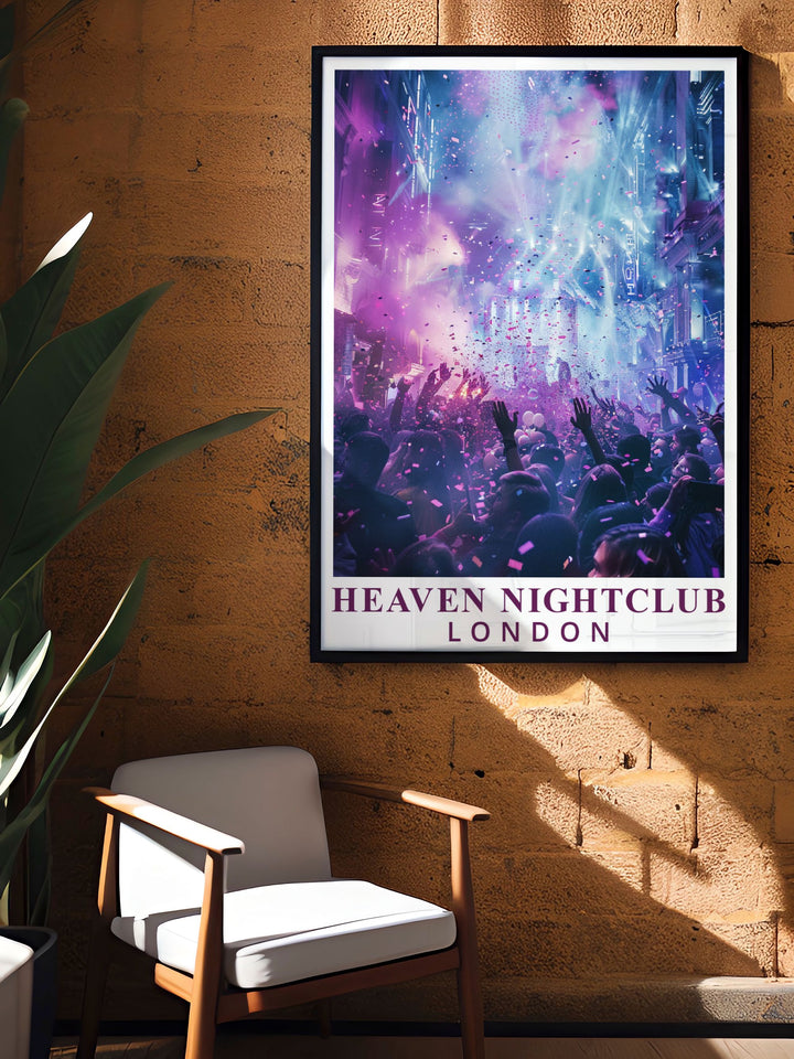 This art print of Heaven Nightclub captures the historical depth and lively energy of one of Londons most iconic landmarks, focusing on the theme nights.