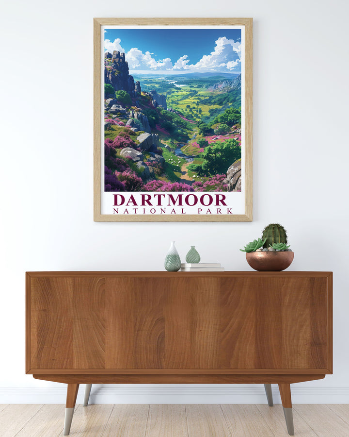 Framed art showcasing the scenic beauty of Dartmoor National Park, with its lush valleys and historic tors, perfect for enhancing any room with the natural splendor of Devon.