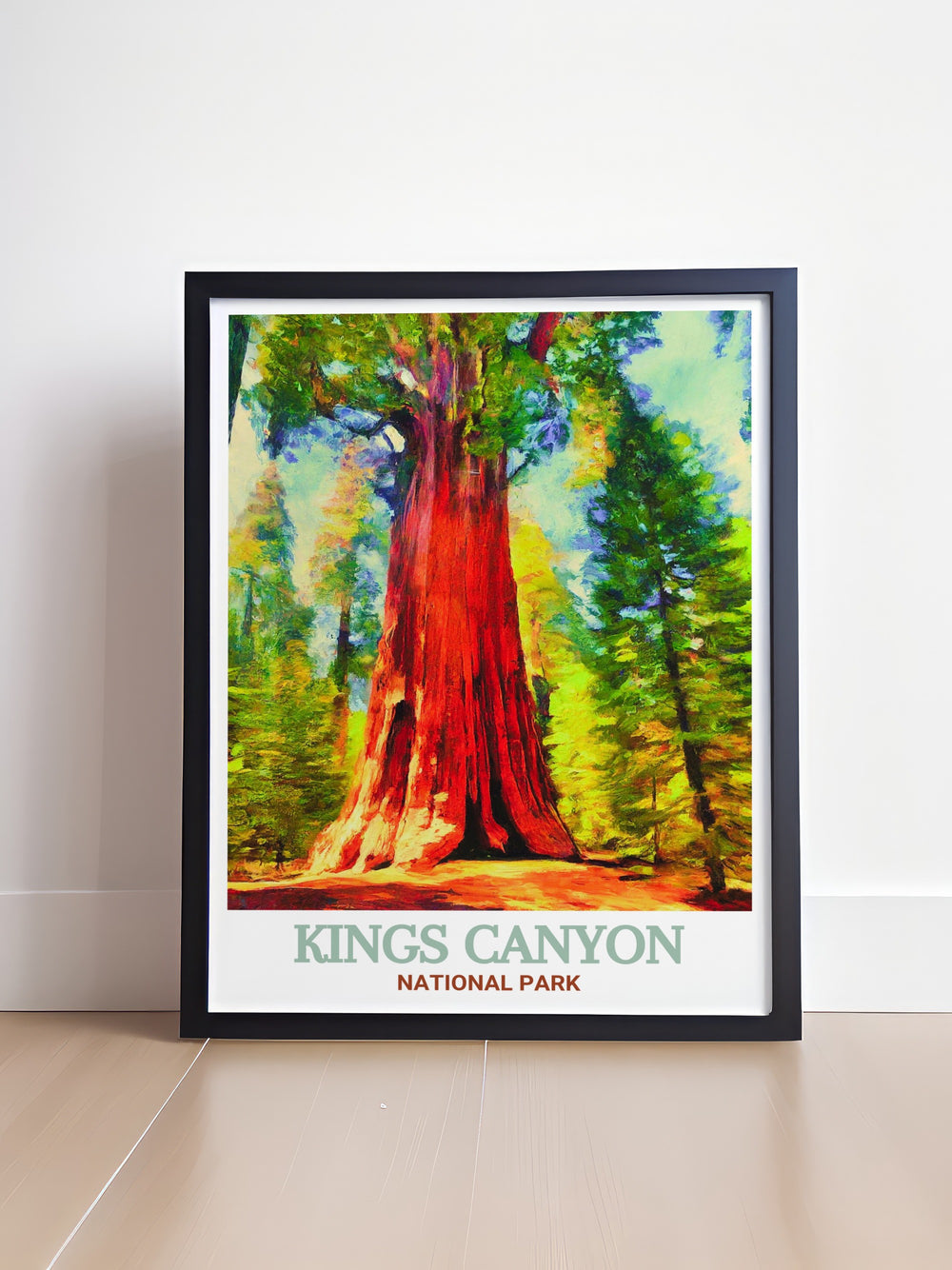 Kings Canyon National Park travel art showcasing the General Grant Tree. This canvas print highlights the stunning sequoia forests, making it the perfect wall décor for anyone seeking to bring natures majesty into their home.