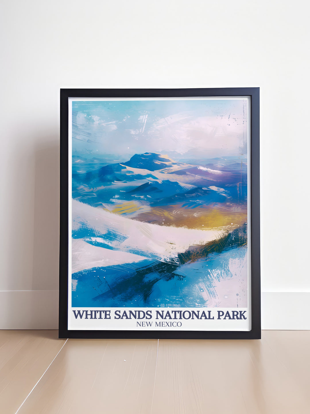 Captivating White Sands artwork with the iconic Sacramento Mountains and the picturesque Chihuahuan Desert an ideal choice for national park enthusiasts and nature lovers looking for stunning prints and elegant home decor.