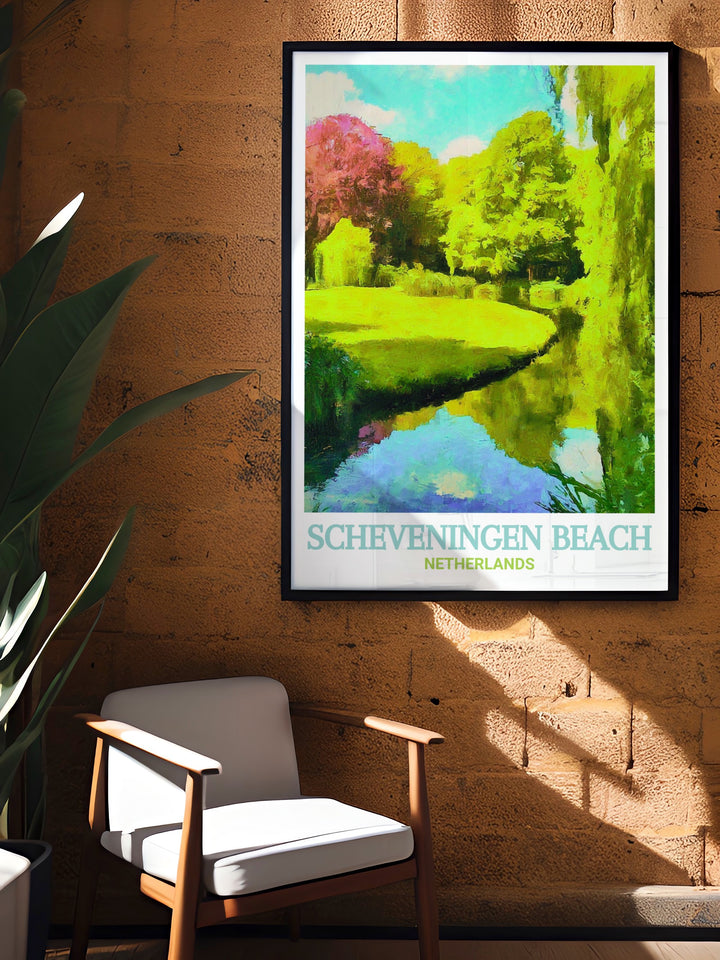 A stunning vintage style poster of Scheveningen Beach and Westbroekpark, Netherlands, offering a timeless representation of these beloved Dutch landmarks, perfect for classic travel art enthusiasts.