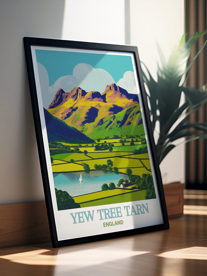 Fell walking print of Yew Tree Tarn in the Lake District, showcasing the serene waters and green landscapes with Langdale Pikes in the background. A perfect addition to any art collection or as a thoughtful gift for nature enthusiasts.