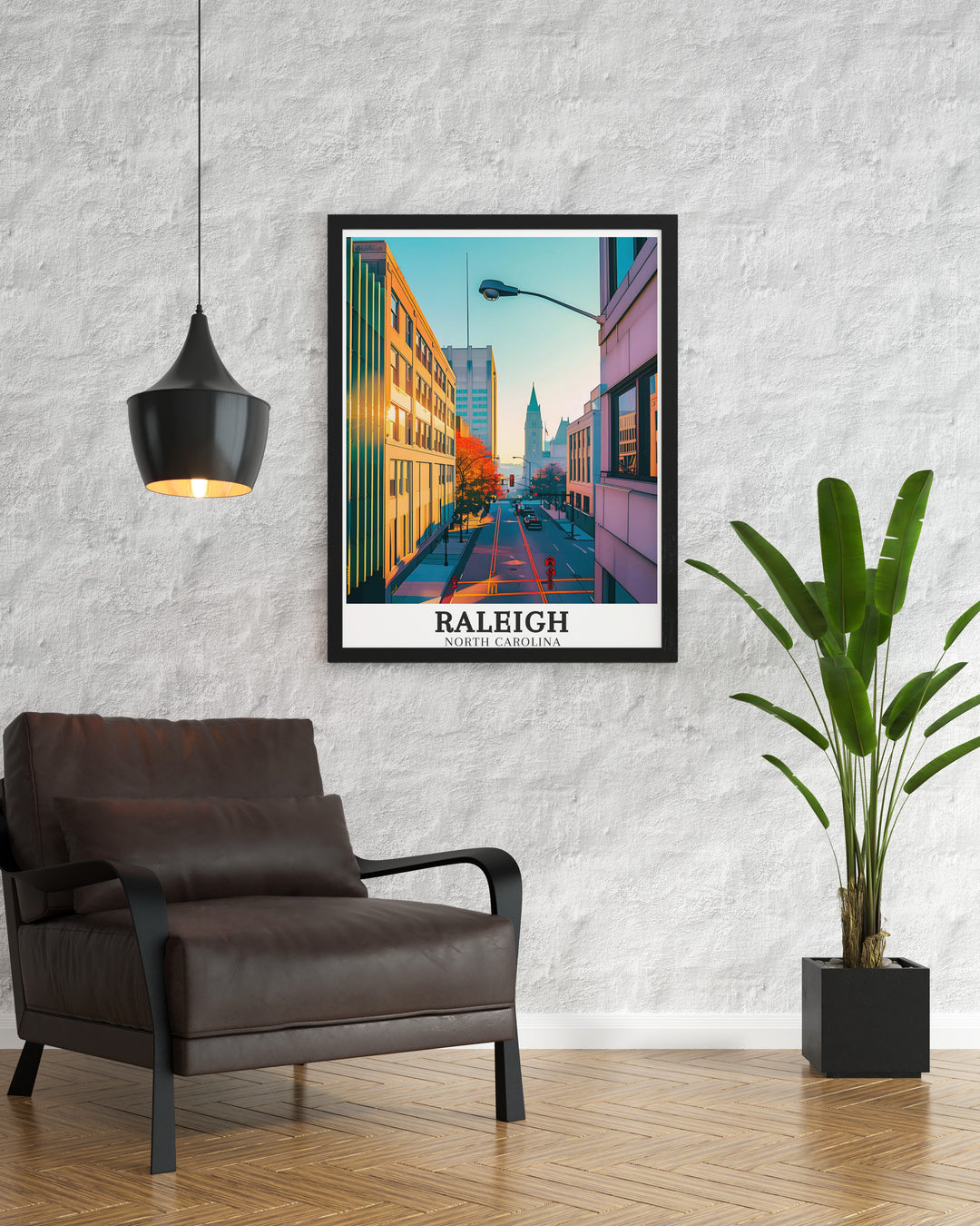 Beautiful Raleigh travel art depicting the dynamic energy of Downtown Raleigh and the historic significance of Durham. The print brings the cultural richness and architectural beauty of North Carolina into your living space, making it a timeless addition to any home decor