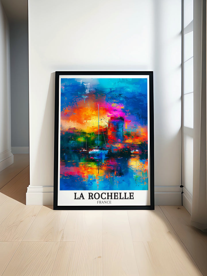 Elegant France travel art depicting the bustling Old Port of La Rochelle and the iconic Chain Tower. The print brings the charm and history of this French coastal town into your living space, making it a timeless addition to any home decor