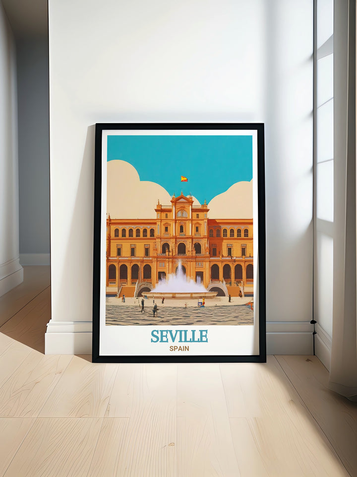 This Seville Travel Print captures the grandeur of the Plaza de España, with its expansive semi circular plaza and ornate architecture. Whether for personal décor or a thoughtful gift, this artwork brings the spirit of Spain to life on your walls.