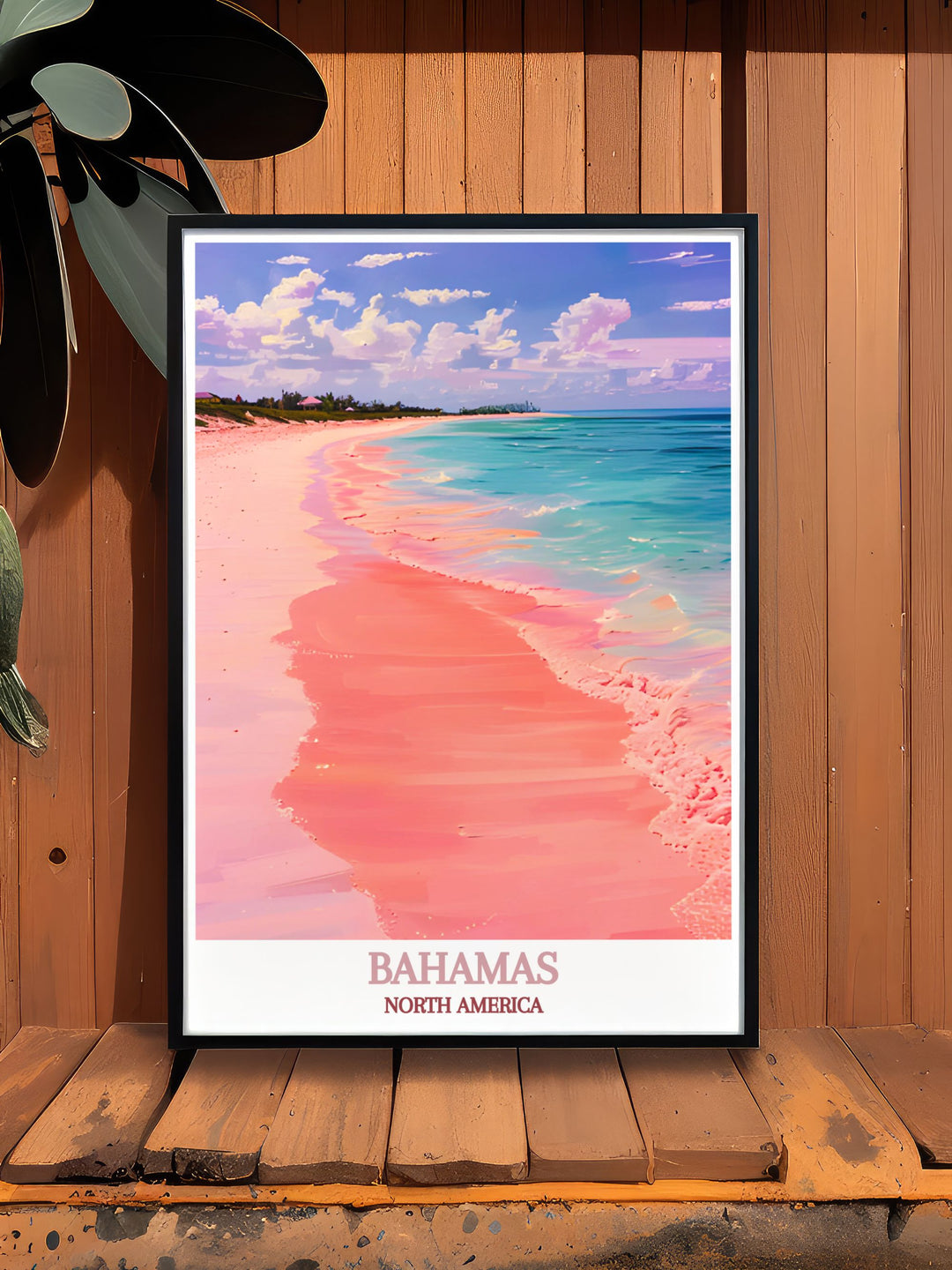 Detailed print of Pink Sand Beach offering a close up view of the unique coral sands and turquoise waters, perfect for any beach lovers collection.