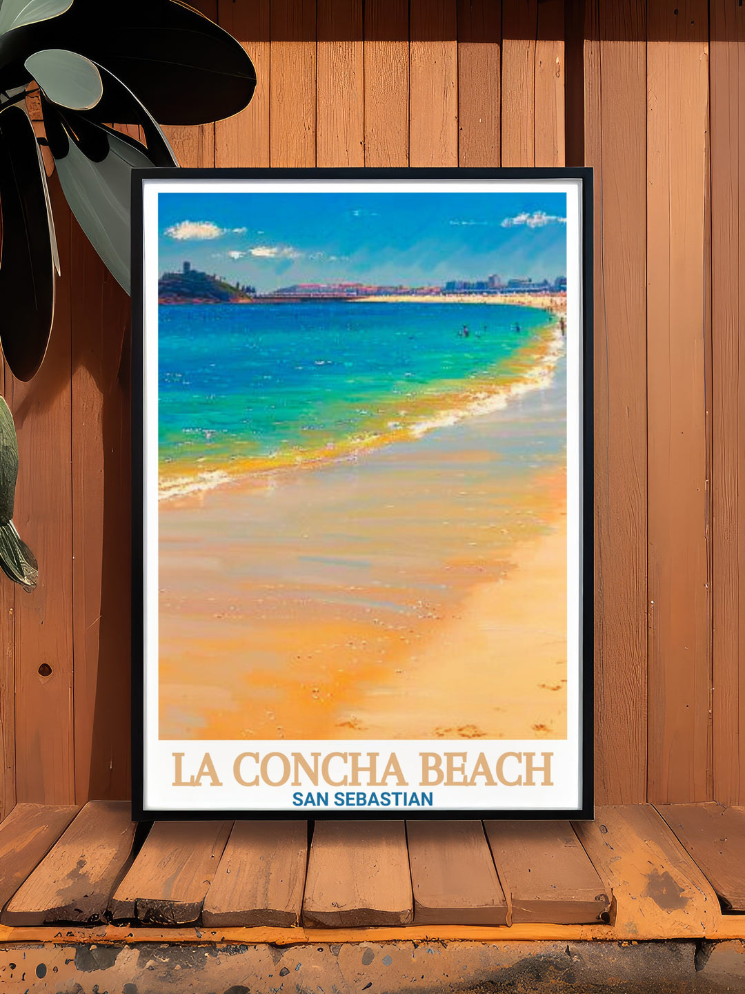 A travel print of La Concha Beach and Playa de La Concha in Spain, capturing the tranquil shoreline and crystal clear waters. This artwork brings a sense of calm to your home, perfect for those who cherish Spanish coastal views.