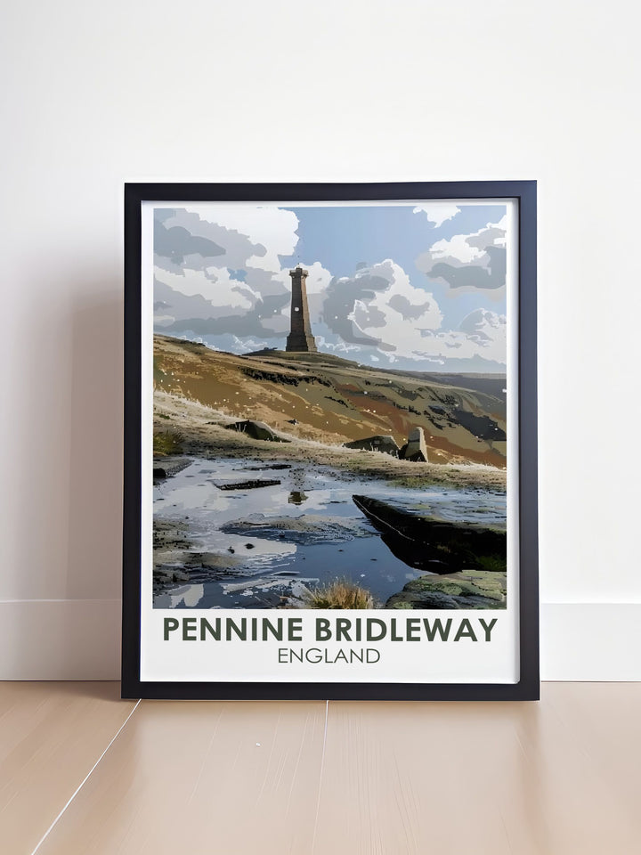 Elevate your living space with Stoodley Pike framed prints. Featuring the iconic landscape of the Pennines this UK Travel Poster adds a touch of elegance to any room. Stoodley Pike artwork brings a sophisticated blend of modern art and natural beauty to your home decor