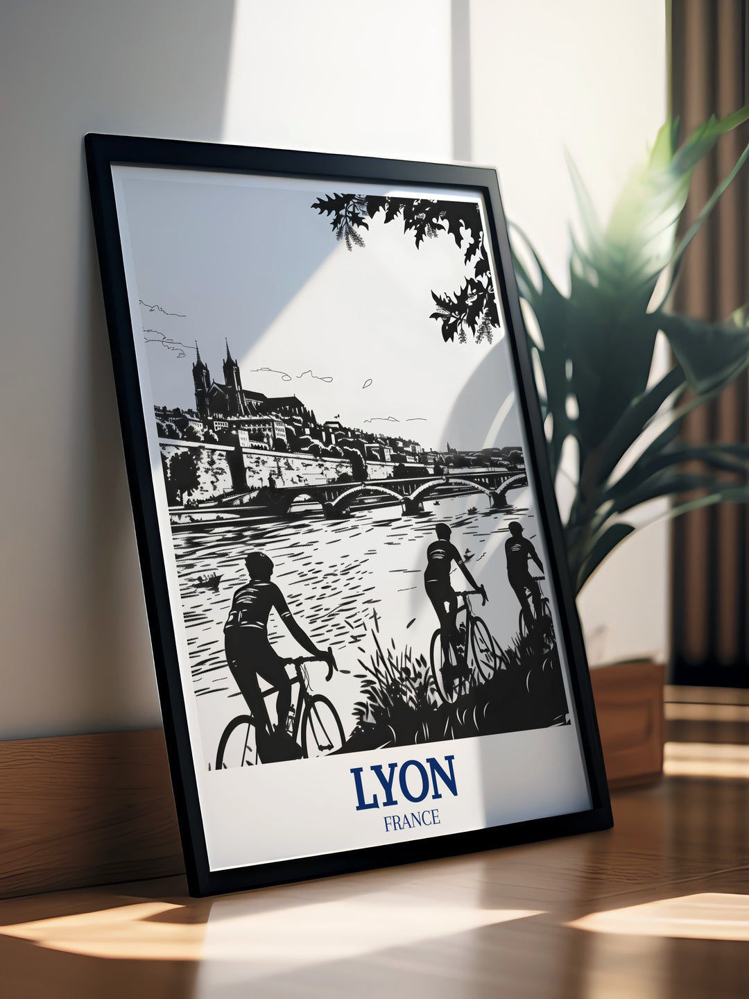 A beautifully detailed Lyon poster print featuring the iconic Pont de la Guillotière bridge over the Rhône River. This fine line art captures the bridges historical architecture and the serene river, perfect for adding a touch of French elegance to any home or office decor.