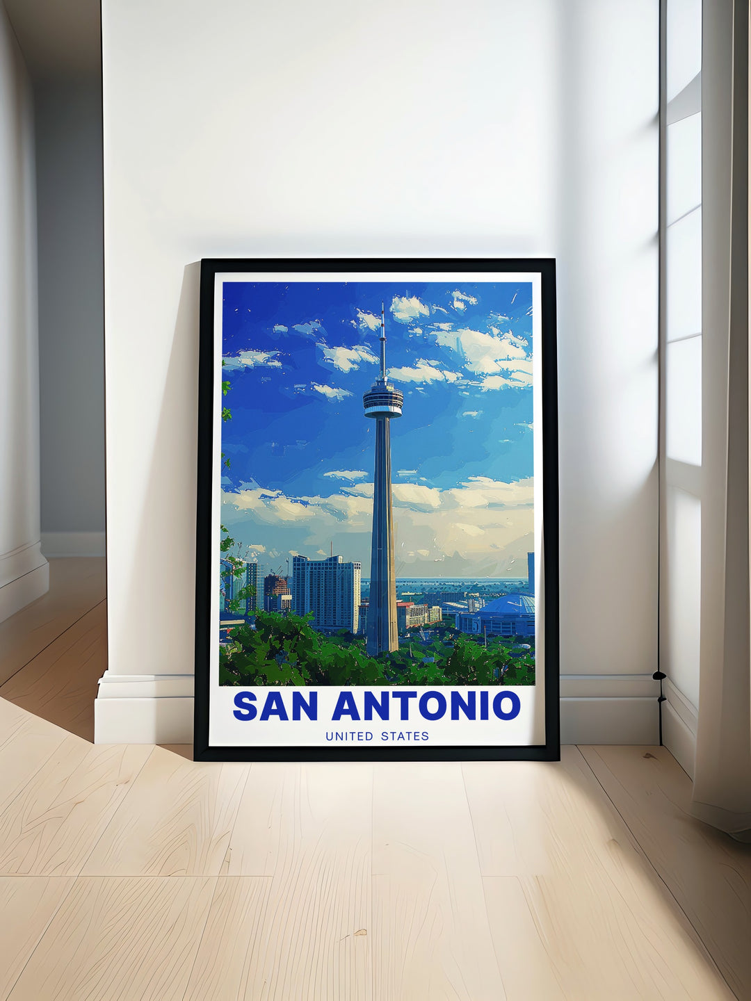 This Tower of the Americas poster print celebrates San Antonios rich history and architectural charm. Perfect for travel lovers, it offers a glimpse of Texas vibrant cityscape, making it a meaningful piece of decor for your home or office.