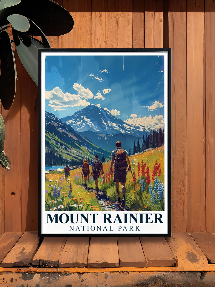 Paradise Meadows framed prints offer a touch of sophistication capturing the tranquil beauty of this idyllic location perfect for modern decor and stunning living room enhancements with elegant and timeless artwork featuring Mount Rainier