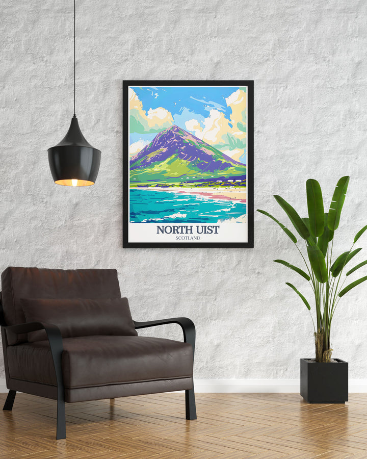 Celebrate the wild landscapes of North Uist with this beautiful Scottish travel poster. The art print captures the dramatic views of Eaval Mountain and the peaceful atmosphere of Sollas Beach, making it a stunning addition to your home decor and an ideal gift for outdoor lovers.