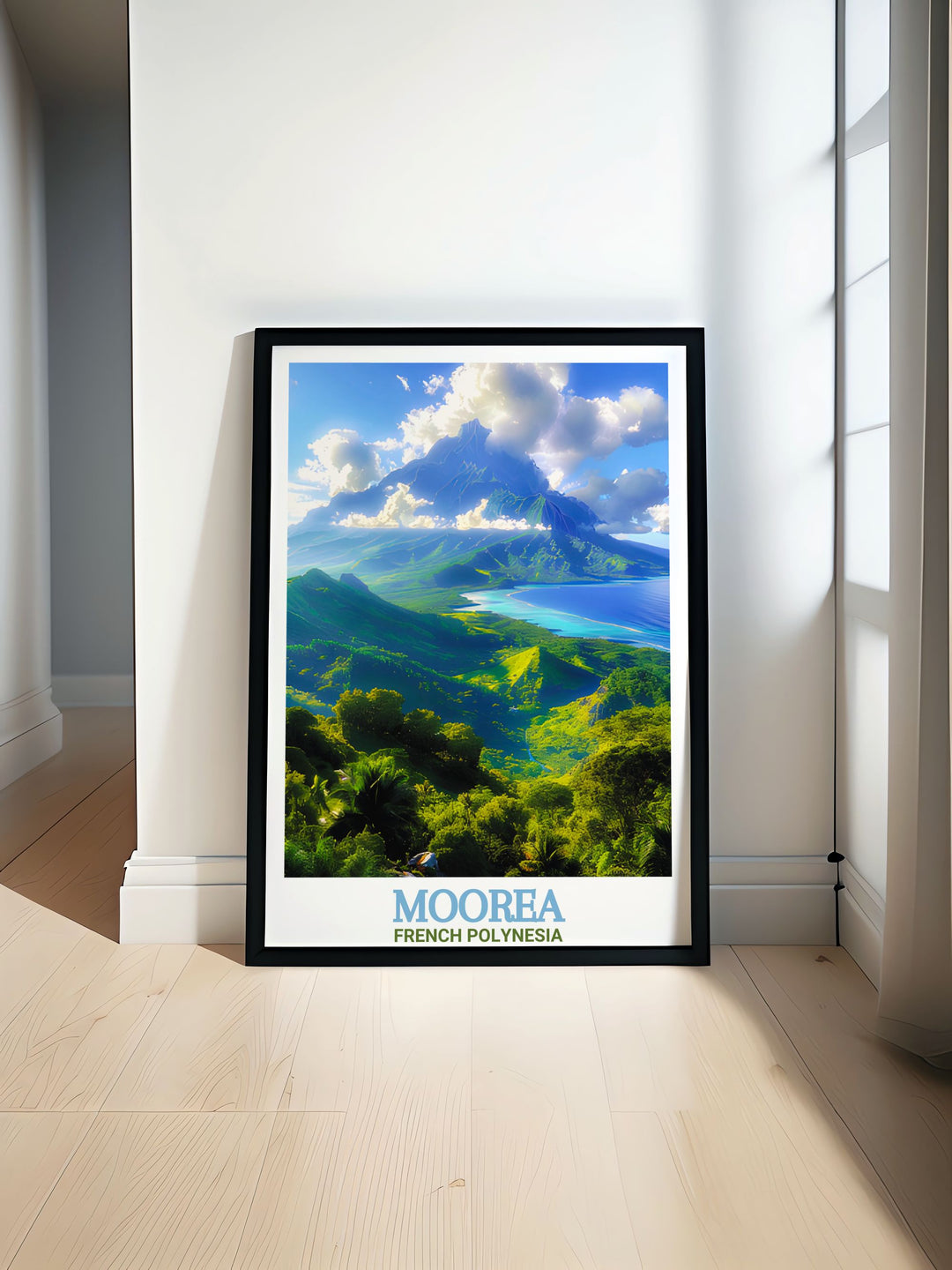 This Moorea Poster Print captures the stunning beauty of Mount Rotui in French Polynesia, with its volcanic peak rising between the crystal clear waters of Cooks Bay and Opunohu Bay. Perfect for adding tropical charm to your décor, this print brings a piece of paradise to your home.