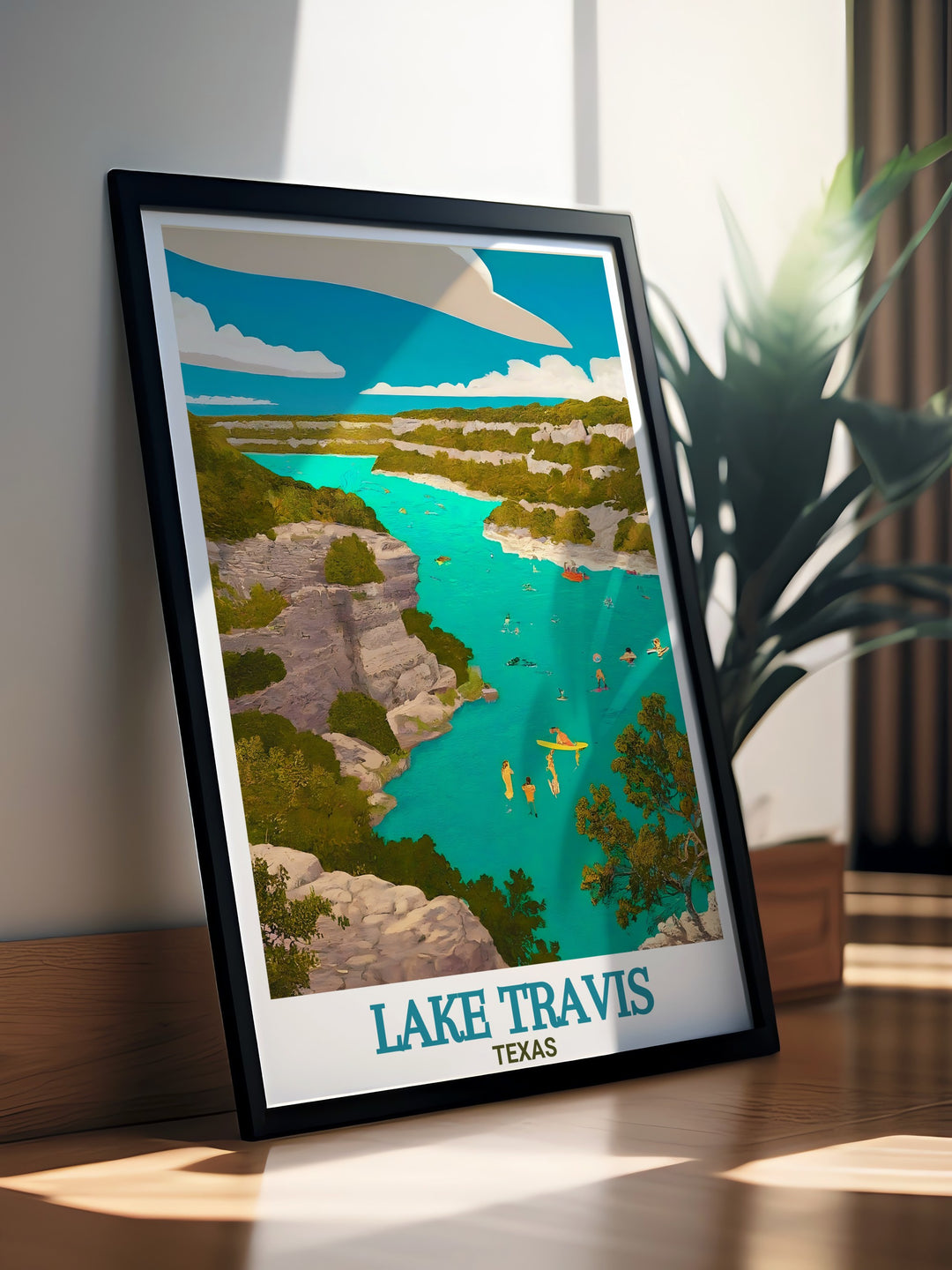 Elevate your home with this vibrant Lake Travis poster print, featuring Pace Bend Parks stunning cliffs and scenic landscape. This Texas inspired wall art is ideal for those who love travel and nature. Perfect for art lovers or as a thoughtful gift.