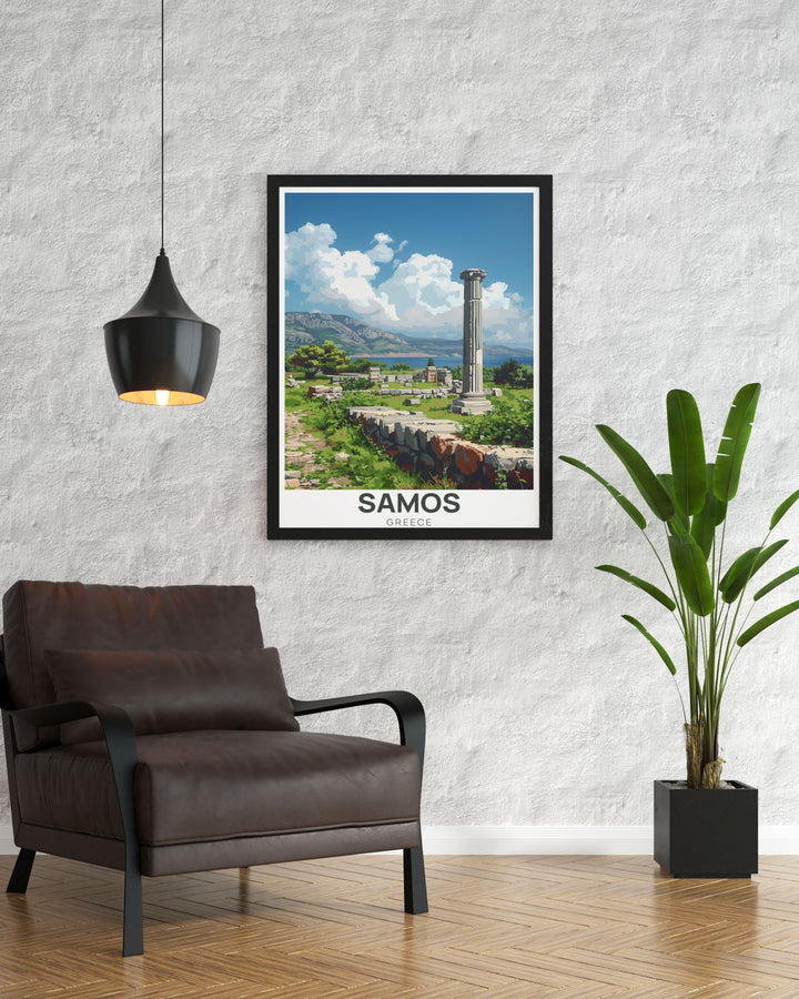 Celebrate Greeces rich history and natural landscapes with this Samos travel poster. Featuring the Heraion of Samos, this wall art is perfect for history lovers, travelers, and anyone with an appreciation for the beauty of the Greek islands.