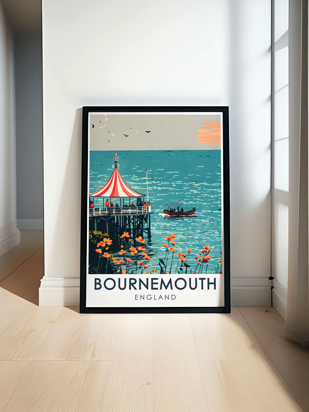 Vintage travel print of Bournemouth Pier showcasing its stunning beauty with golden sands and sparkling waters perfect for coastal decor enthusiasts. Enhance your home with this captivating artwork featuring Old Harry Rocks and the Dorset Coast.