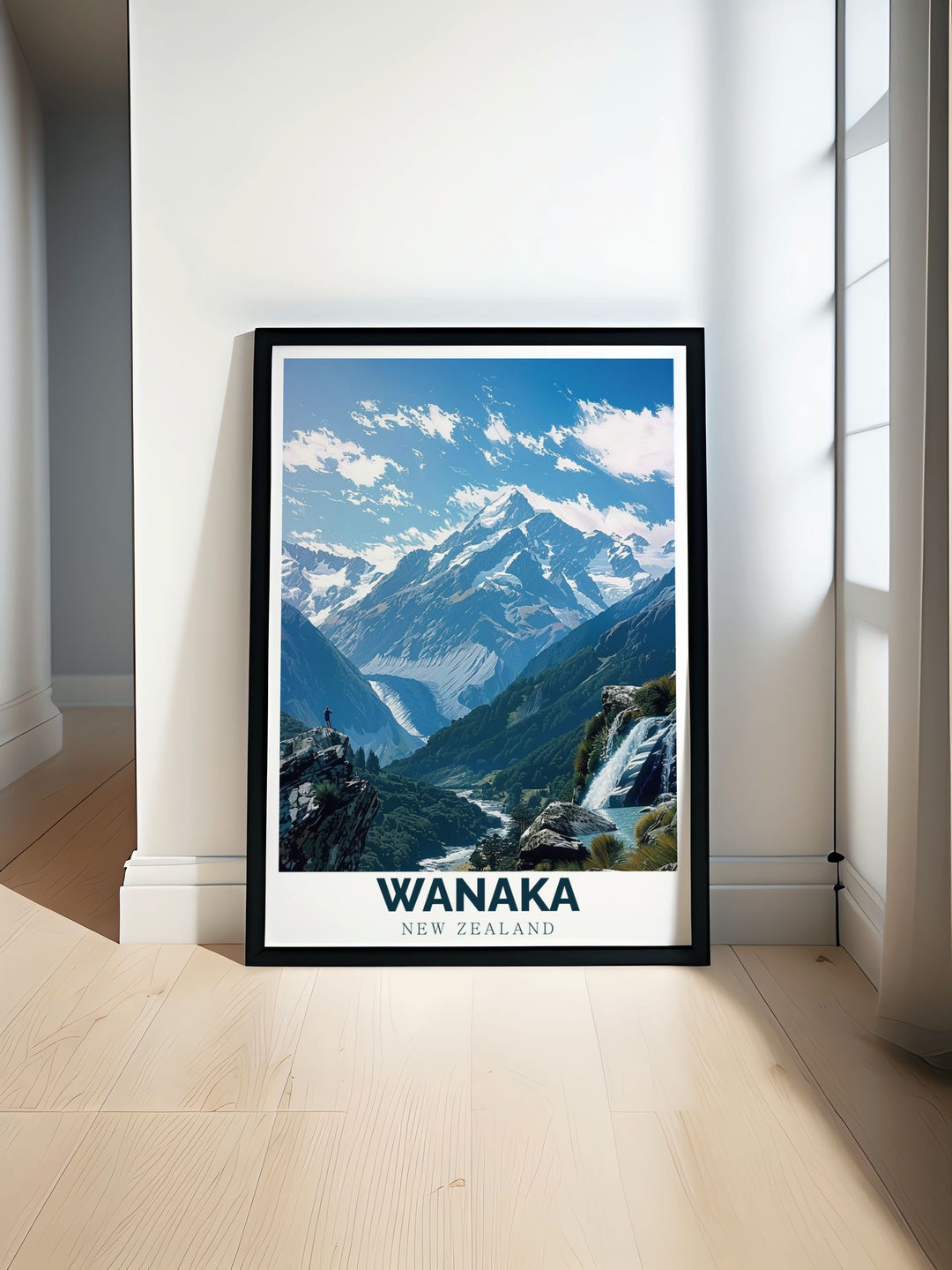 Experience the beauty of New Zealand with this stunning Wanaka art print showcasing the iconic landscape alongside Mount Aspiring National Park Perfect for adding a touch of adventure and nature to your home or office this artwork enhances modern decor with style