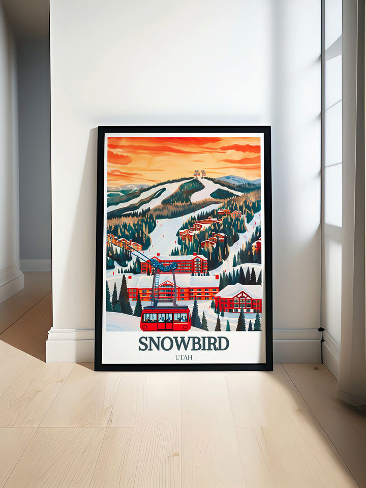 Snowbird Resort Aerial Tram modern print showcasing the stunning view of Park City Utahs snow covered landscape. The artwork features the elegant design of the tram against the backdrop of the majestic mountain peaks