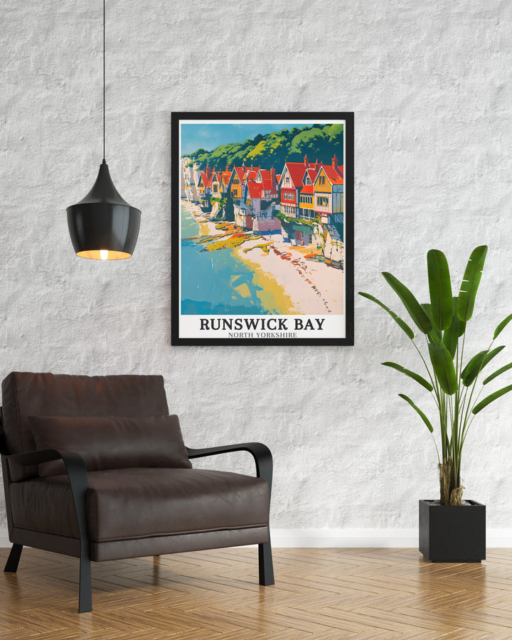 Yorkshire poster featuring Runswick Bay Village and Runswick Beach Whitby a perfect wall decor addition for coastal and nature enthusiasts celebrating the stunning landscapes of North Yorkshire with vibrant colors and detailed vintage travel print design