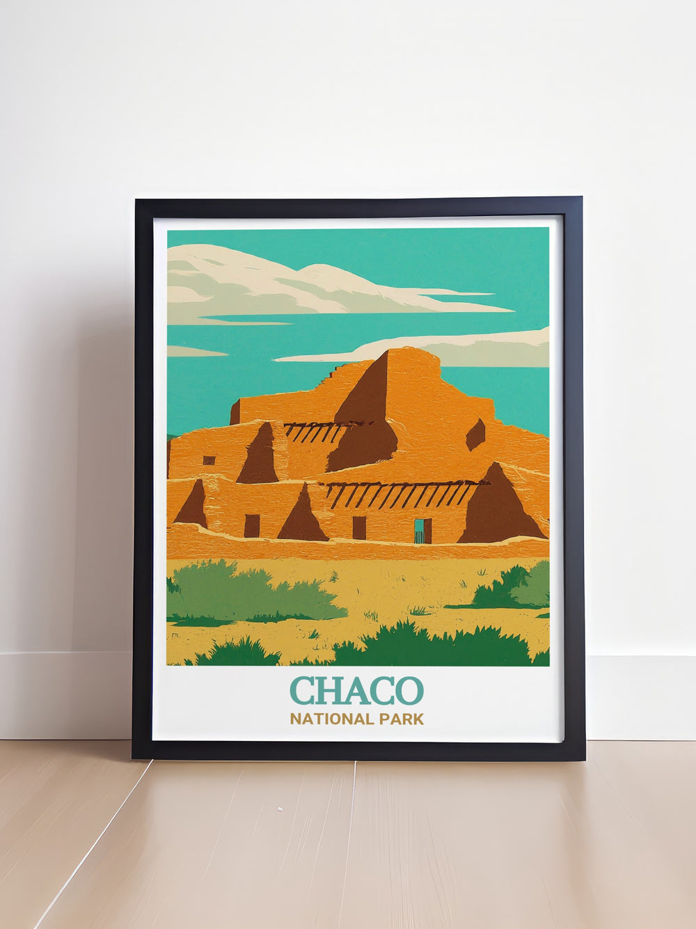 Vintage style poster of Pueblo Bonito in Chaco National Park, Argentina, blending historical depth with artistic appeal. Ideal for adding a touch of Argentinas cultural heritage to your home.