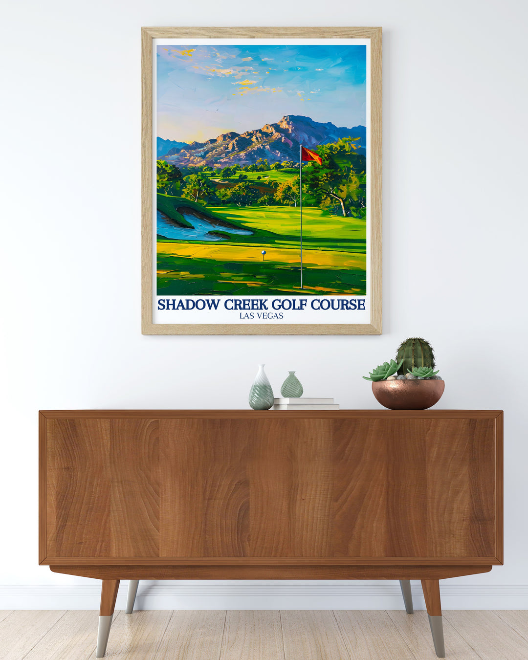 This vintage inspired poster of Shadow Creek Golf Course highlights the contrast between the courses greenery and the Nevada desert, with Clark Countys distant skyline completing the scene. Perfect for golf enthusiasts looking to decorate their space with iconic destinations.