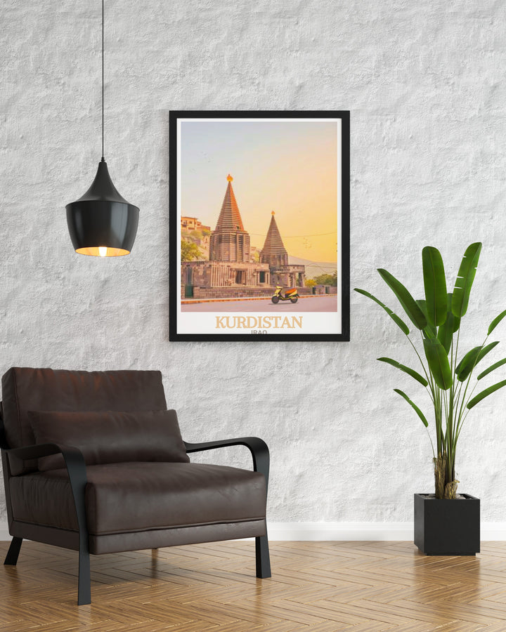 Featuring Lalish Temple in Kurdistan, this black and white poster print brings a blend of cultural richness and artistic elegance into your space. Ideal for travelers and art lovers, this print adds sophistication to any room.