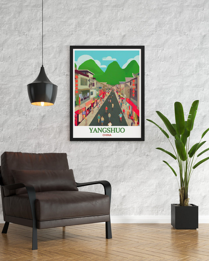 West Street in Yangshuo depicted in a colorful art print, offering a glimpse into the dynamic fusion of cultures that makes this destination a must see for travelers. This piece brings the iconic beauty of Yangshuo to your home decor.