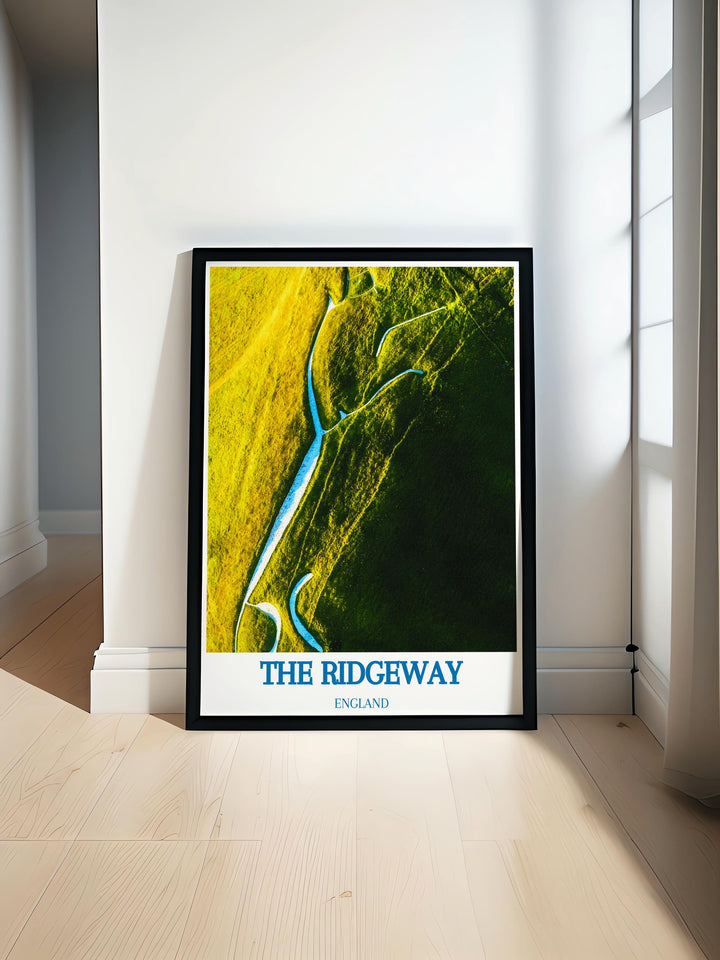 The Ridgeway National Travel Print featuring Uffington White Horse and Ivinghoe Beacon showcases the beauty of the Chilterns AONB perfect for modern prints and elegant home decor ideal for those who love UK hiking and National Park Posters