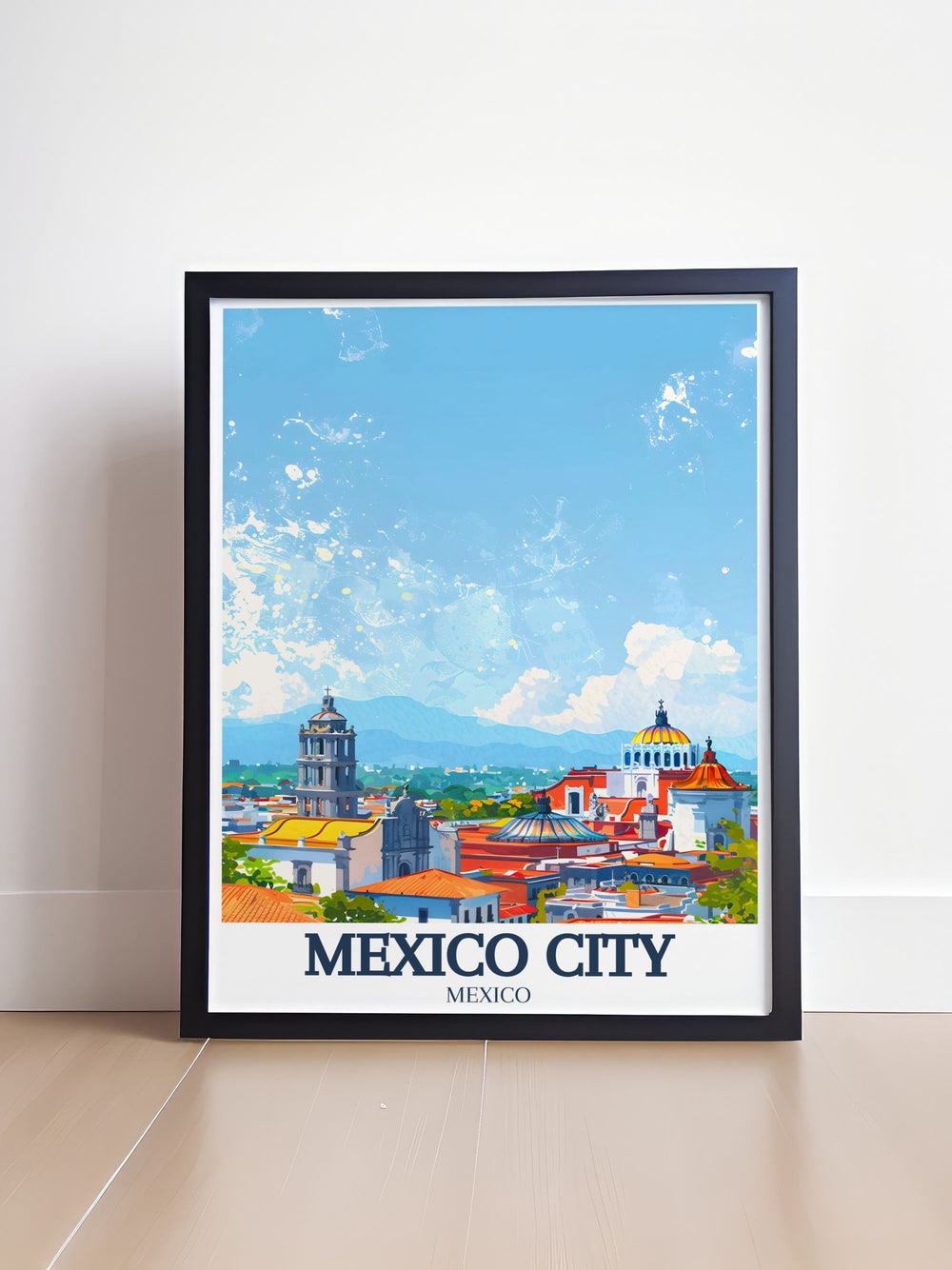 Beautiful Mexico City wall art showcasing Metropolitan cathedral Zocalo Chapultepec castle. This detailed print highlights the architectural splendor and cultural significance of these iconic landmarks making it an ideal addition to any space.