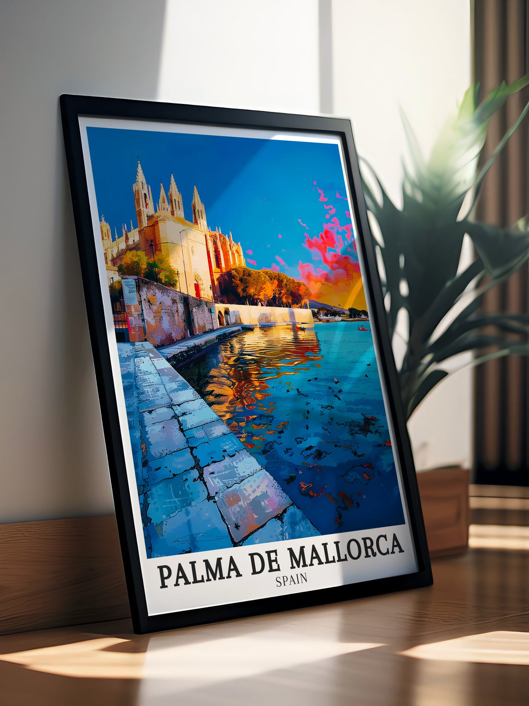 Vivid Palma de Mallorca artwork showcasing the iconic La Seu Cathedral and the lively Plaza de la Seu. The detailed print offers a glimpse into the heart of this vibrant city, making it a cherished piece for any lover of Spain travel art